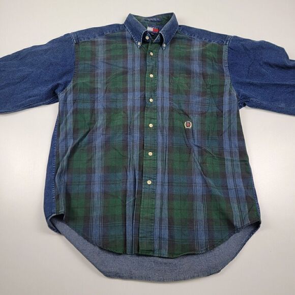 Vintage Y2K 90s Tommy Hilfiger Crest Long Sleeve Button Down Denim Plaid Shirt - Picture 4 of 14